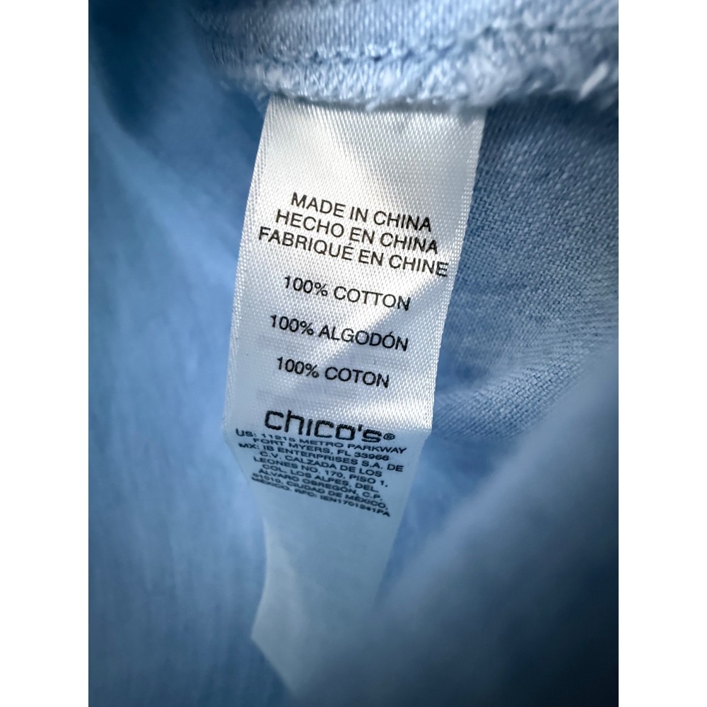 Chico's Blue Patterned Cotton Tunic Hi-Low 3/4 Sleeve Front Pockets Size 1 (M/8) - Picture 7 of 13